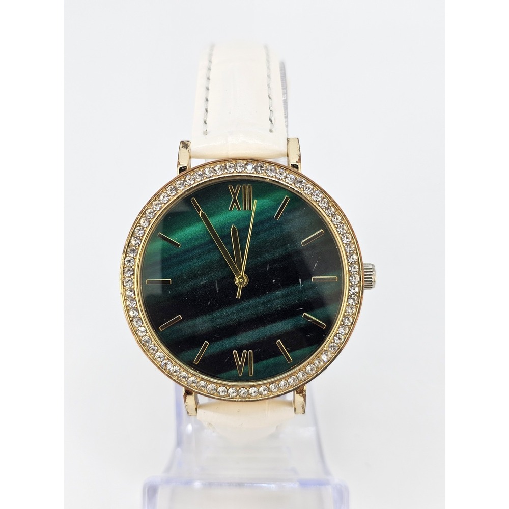 40MM Women's Watch Green Dial Crystal Bezel NEW White Leather Bands NEW Battery